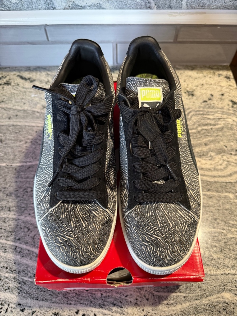 Puma Black Patterned Low-Top Sneakers with Neon Yellow Accents